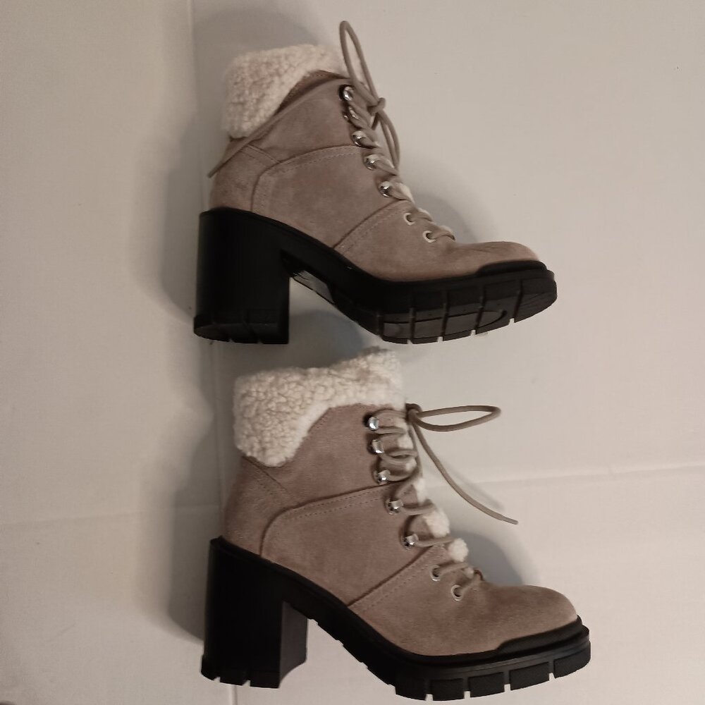 Marc Fisher Vacinta Gray Suede Shearling Heeled Combat Booties Women’s 6.5 - Picture 4 of 11